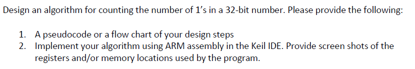 Programming in ARM assembly language Design an algorithm for counting the number