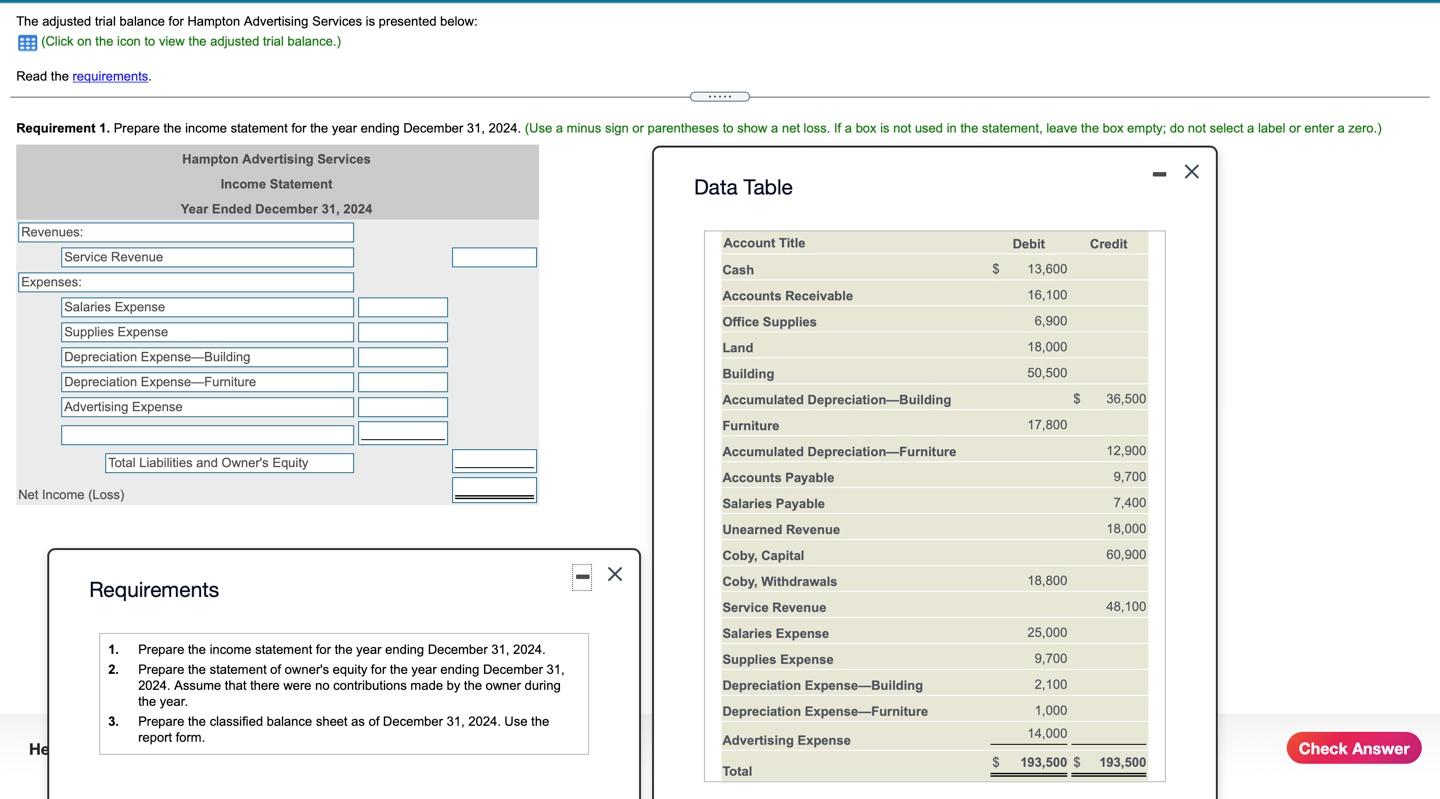  The adjusted trial balance for Hampton Advertising Services is presented below: