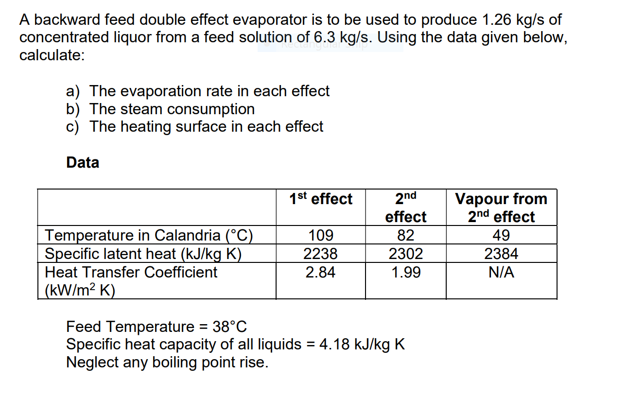  A forward feed double effect evaporator concentrates 200 kg/h of solution