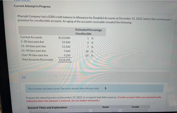  VIEW FUL Current Attempt in Progress Pharoah Company had a $300