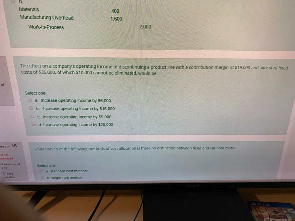 Materials Manufacturing Overhead Work-in-Process 400 1,600 2,000 The effect on a