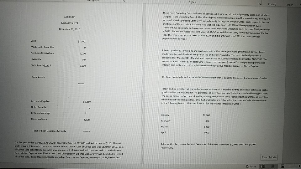  Styles Editing Voice ABC CORP BALANCE SHEET These Fixed Operating costs