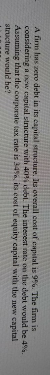A firm has zero debt in its capital structure. Its overall
