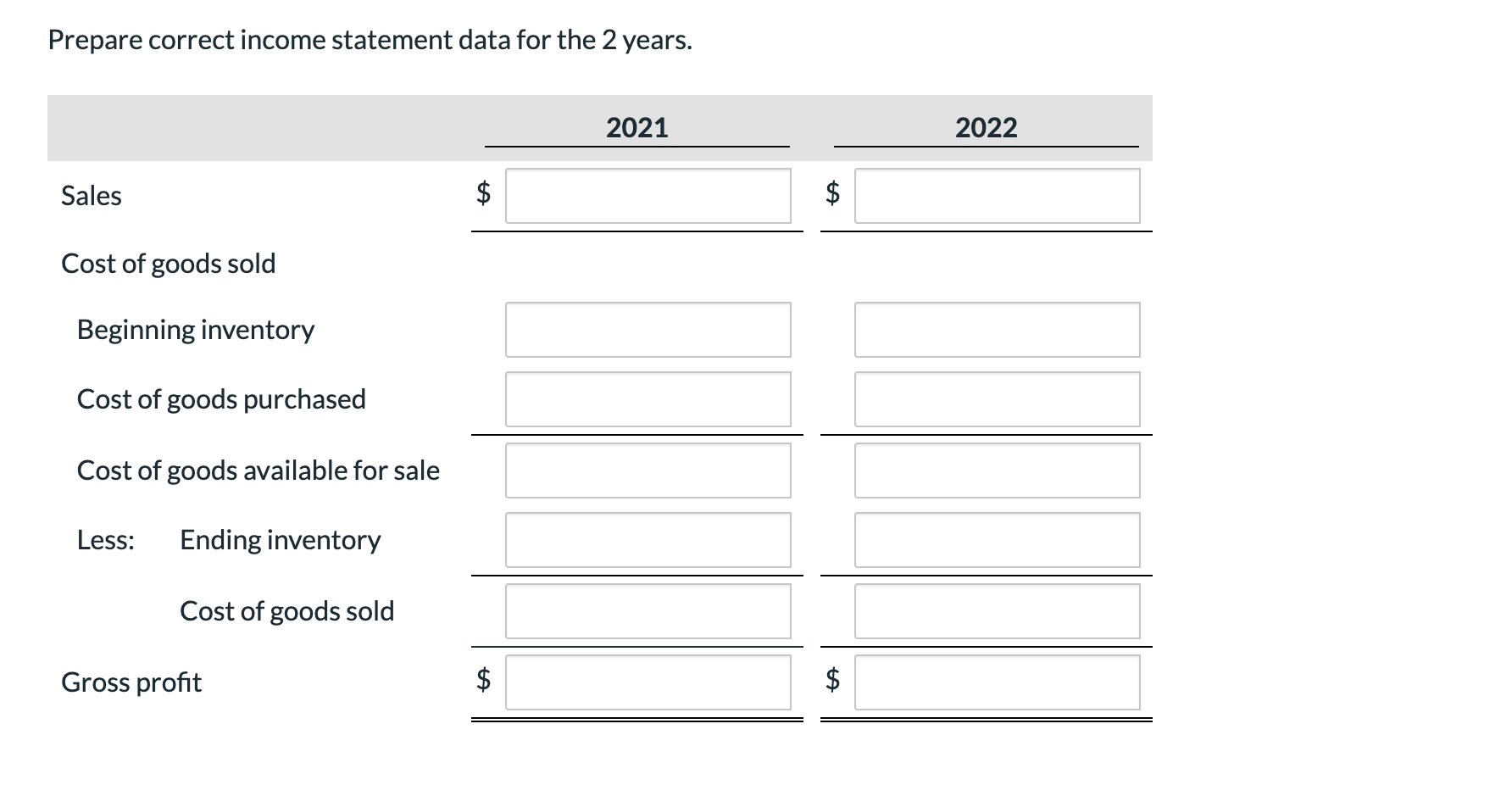2022 2021 Sales revenue $263,000 $225,690 Beginning inventory 42,390 30,650 Cost of