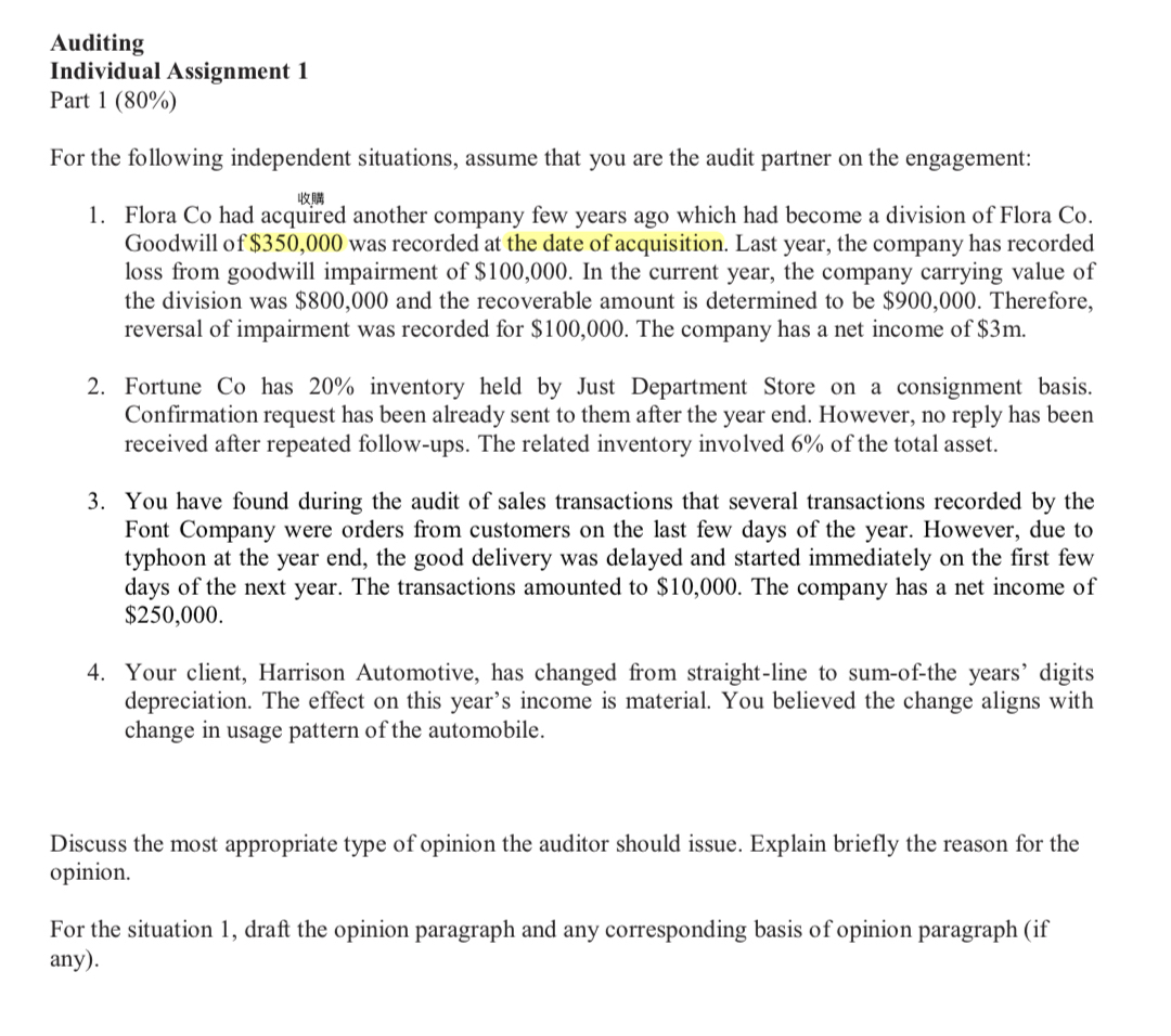  Auditing Individual Assignment 1 Part 1(80%) For the following independent situations,