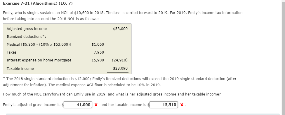 Exercise 7-31 (Algorithmic) (LO. 7) Emily, who is single, sustains an