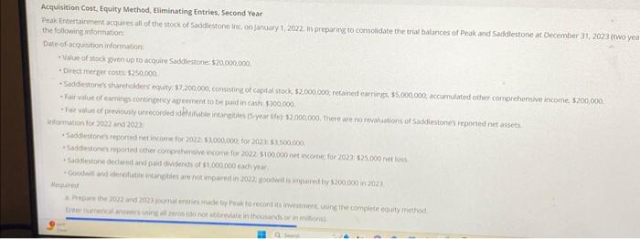  Acquisition Cost. Equity Method, Eliminating Entries, Second Year Peak. Entertainment acquares