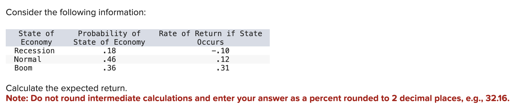  Consider the following information: Calculate the expected return. Note: Do not