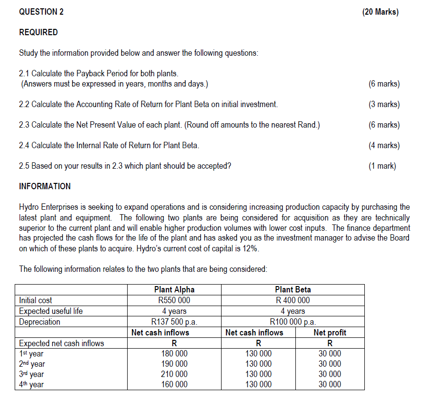  QUESTION 2 (20 Marks) REQUIRED Study the information provided below and