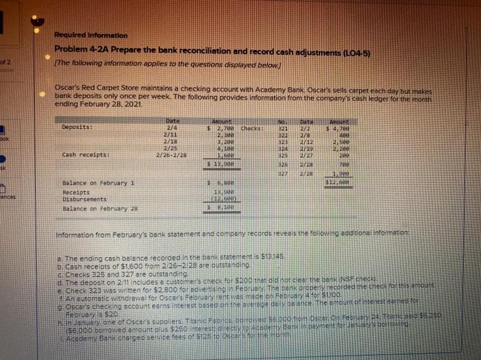  Required Information Problem 4 2A Prepare the bank reconciliation and record