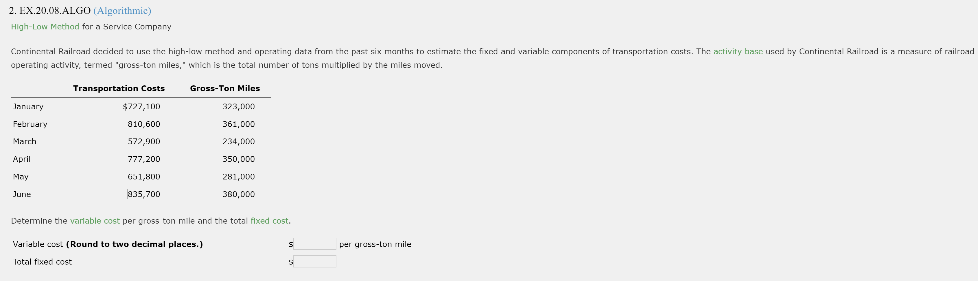  2. EX.20.08.ALGO (Algorithmic) High-Low Method for a Service Company Continental Railroad