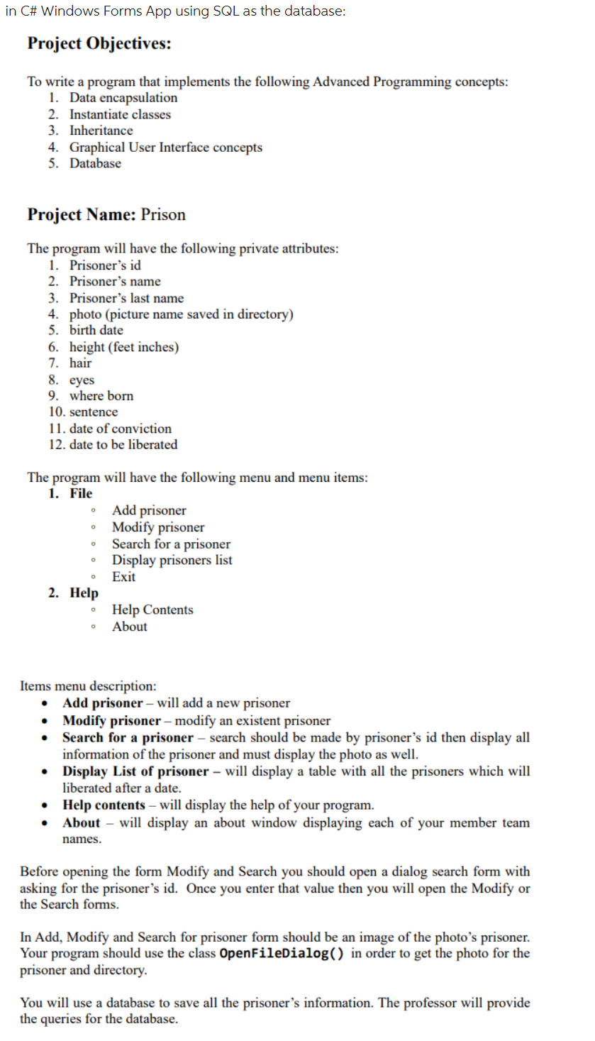  Database: File: prisonDB.sql Create database PrisonDB; Use PrisonDB; Create Table Prison