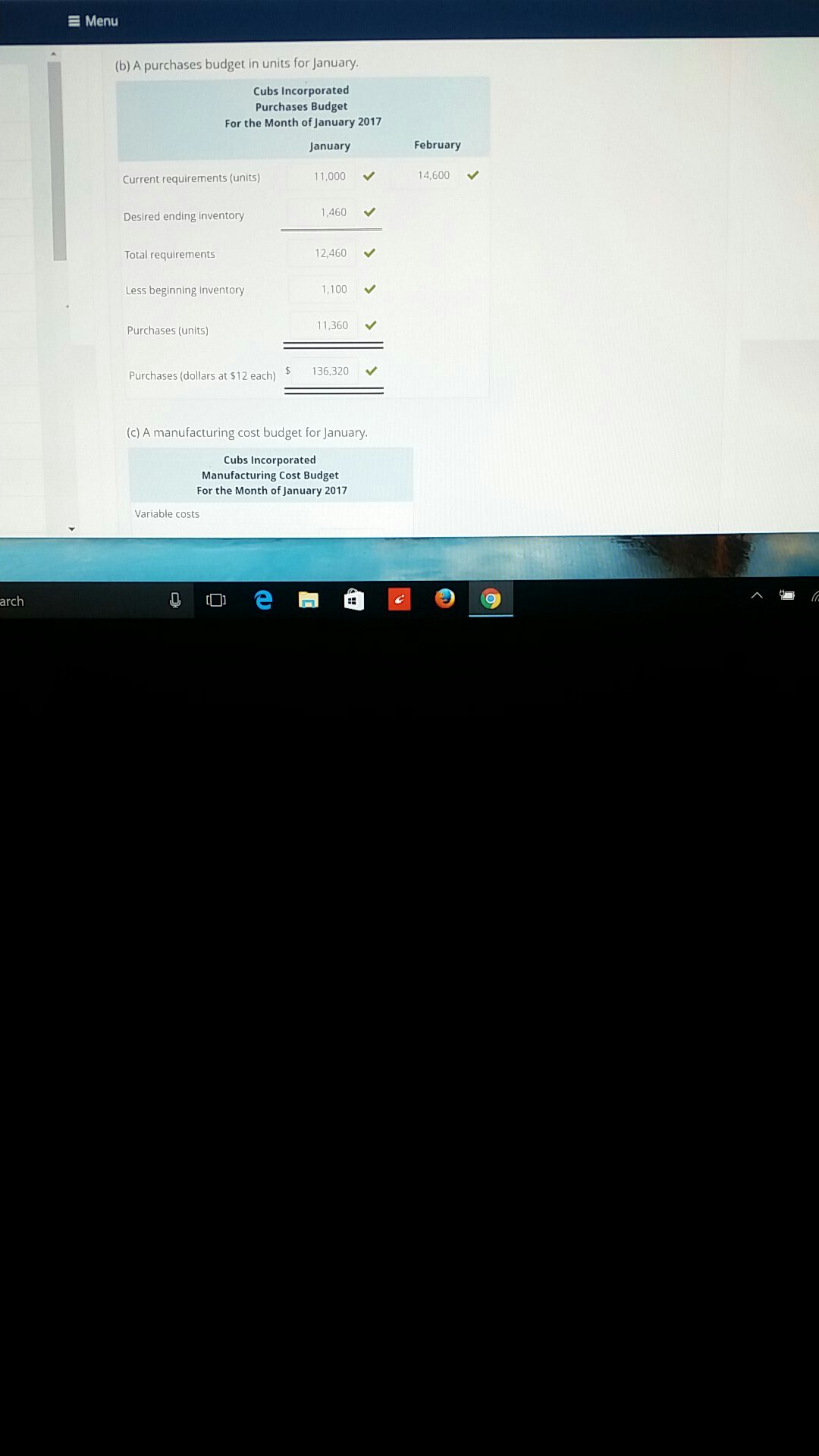 question Developing a Master Budget for a Manufacturing Organization Cubs Incorporated manufactures