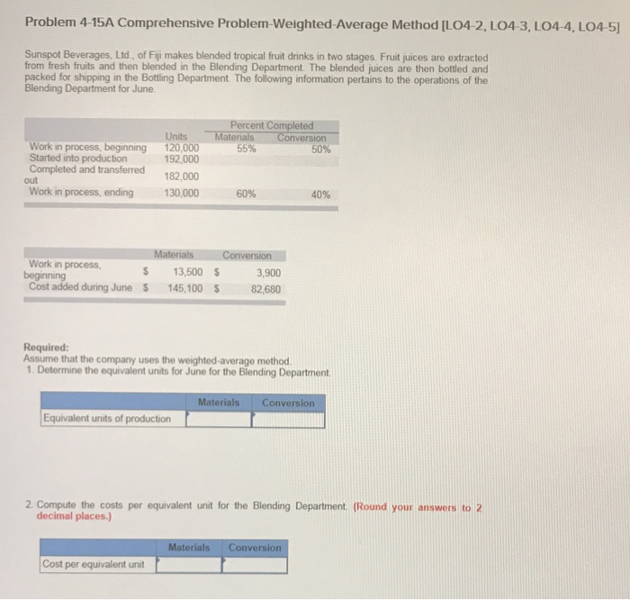  Problem 4-15A Comprehensive Problem-Weighted-Average Method [LO4-2, LO4-3, LO4-4, LO4-5 Sunspot Beverages,