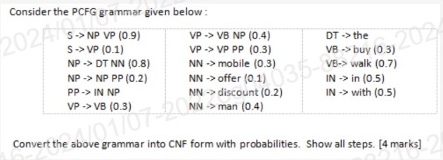  Consider the PCFG grammar given below: S-> NP VP (0.9) S->
