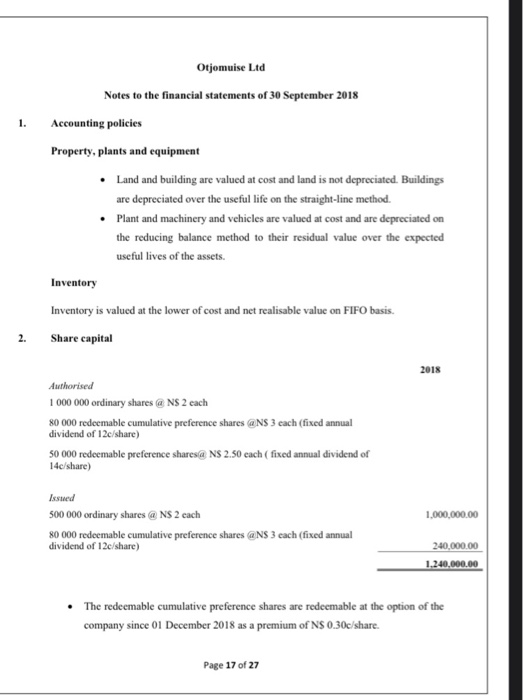 this statement of financial position. Otjomuise Ltd Statement of financial position as