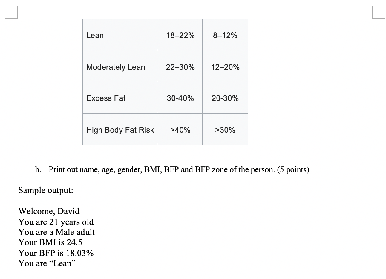 and BFP zone for a person; the program allows user to enter