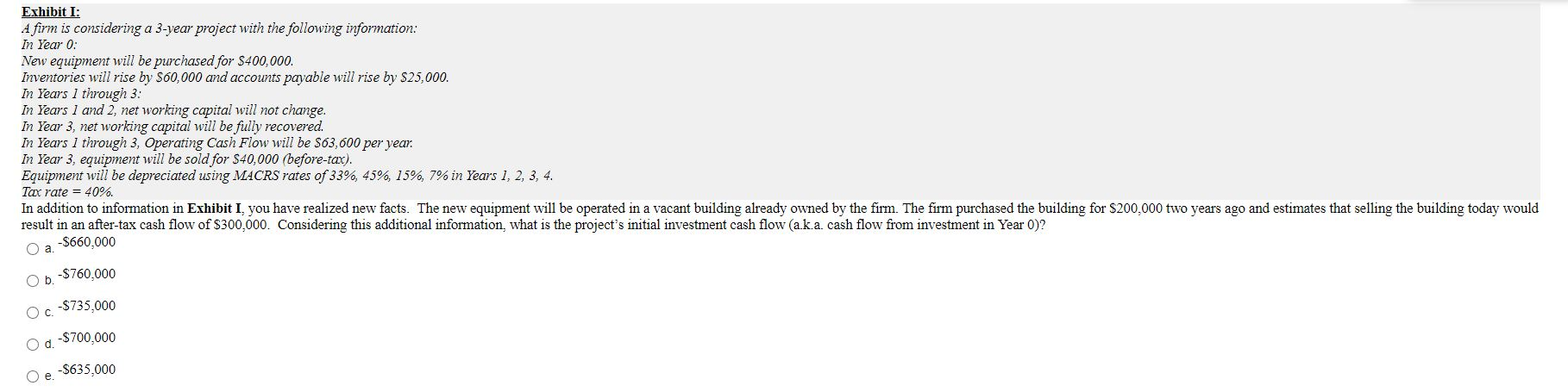 Exhibit I: A firm is considering a 3-year project with the