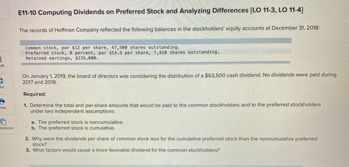  E11-10 Computing Dividends on Preferred Stock and Analyzing Differences [LO 11-3,