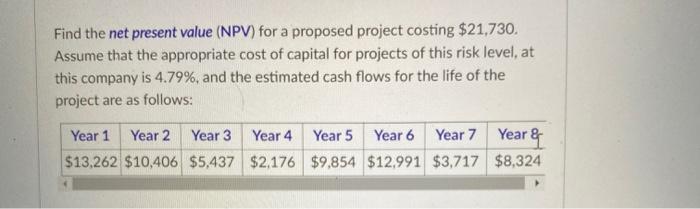  Find the net present value (NPV) for a proposed project costing