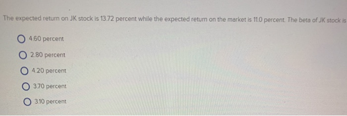  The expected return on JK stock is 13.72 percent while the