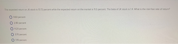 expected return on the market is 11.0 percent. The beta of JK