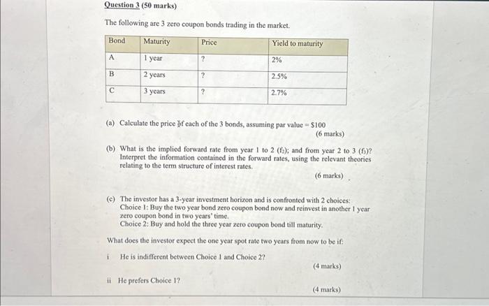  need answer asap The following are 3 zero coupon bonds trading