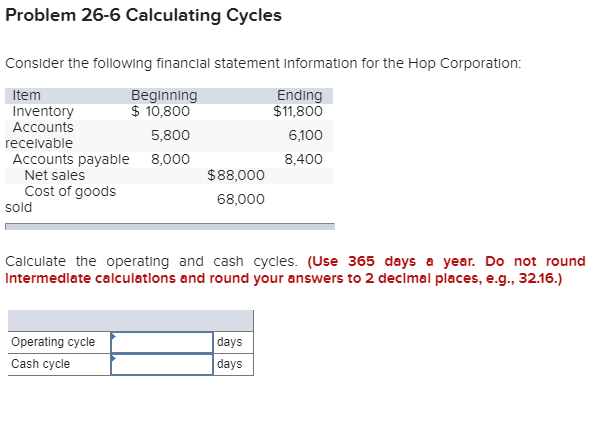 Part 1. Part 2. Problem 26-6 Calculating Cycles Consider the following financial