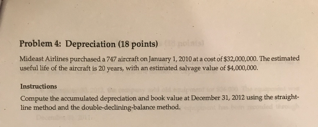 Problem 4: Depreciation (18 points) Mideast Airlines purchased a 747 aircraft