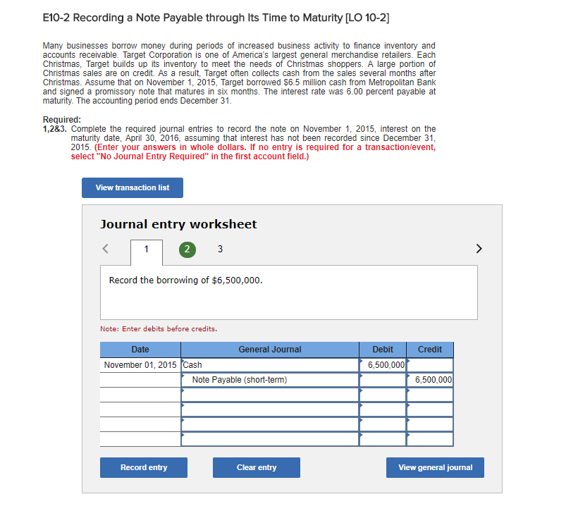 E10-2 Recording a Note Payable through Its Time to Maturity [LO