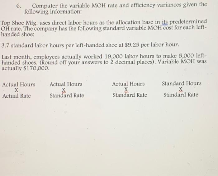 Compute the variable MOH rate and efficiency variances given the following information.