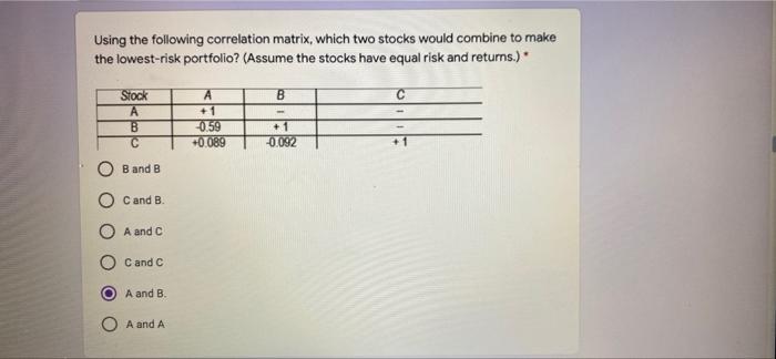  Using the following correlation matrix, which two stocks would combine to