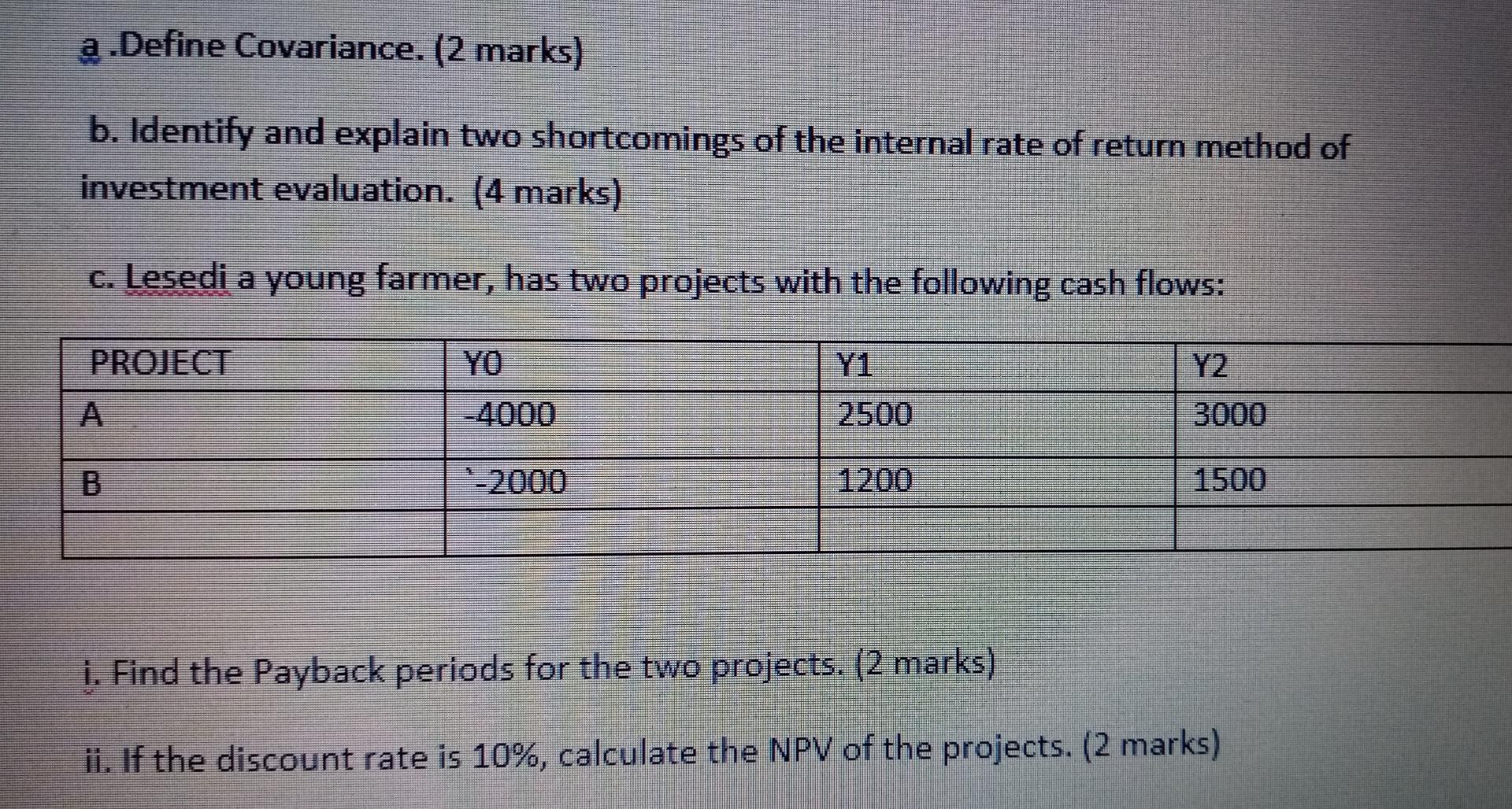  a.Define Covariance. (2 marks) b. Identify and explain two shortcomings of
