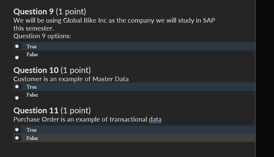 Question 9 (1 point) We will be using Global Bike Inc