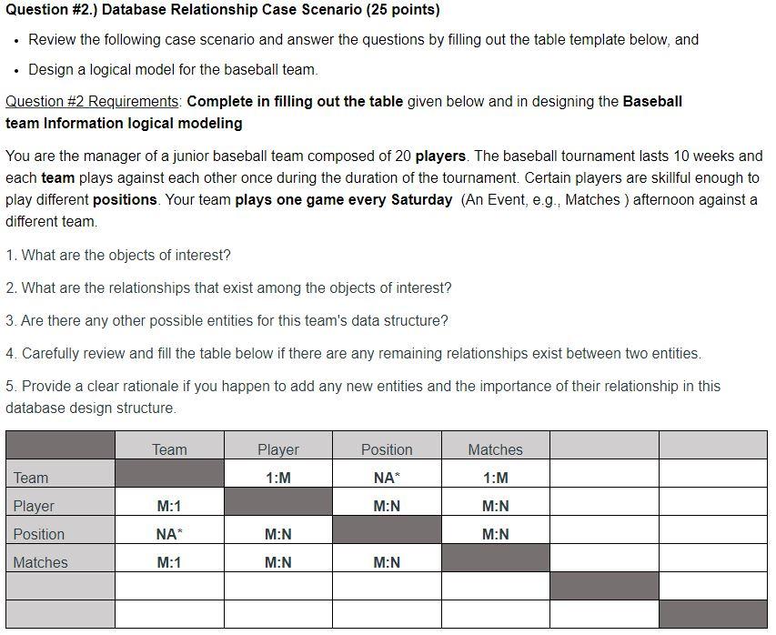 Question \#2.) Database Relationship Case Scenario (25 points) - Review the