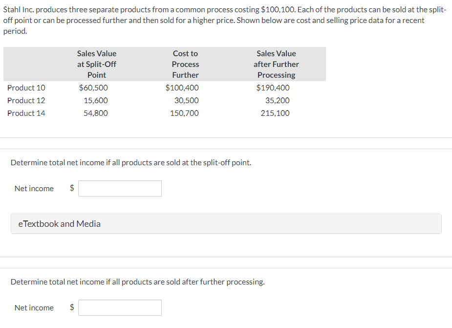 Stahl Inc. produces three separate products from a common process costing