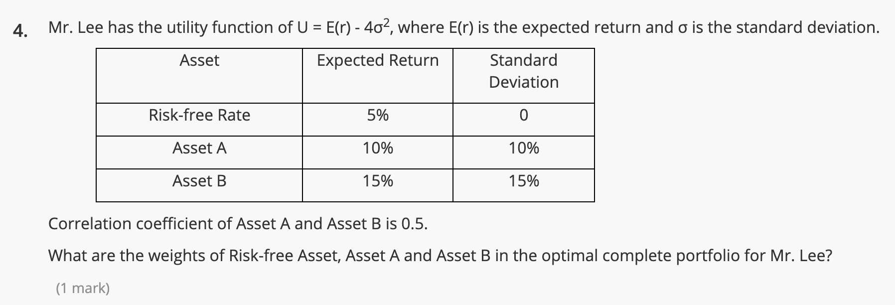  4. Mr. Lee has the utility function of U = E(r)