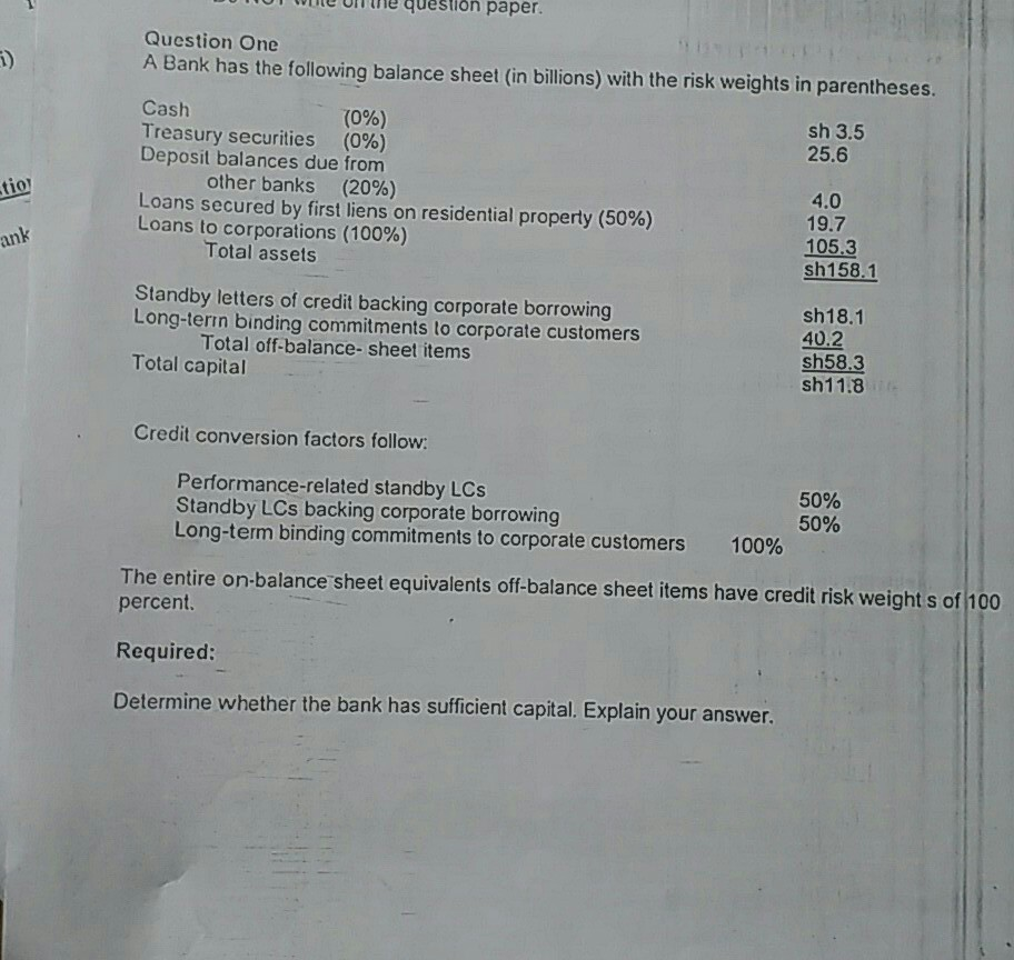 te nthe question paper Question One A Bank has the following