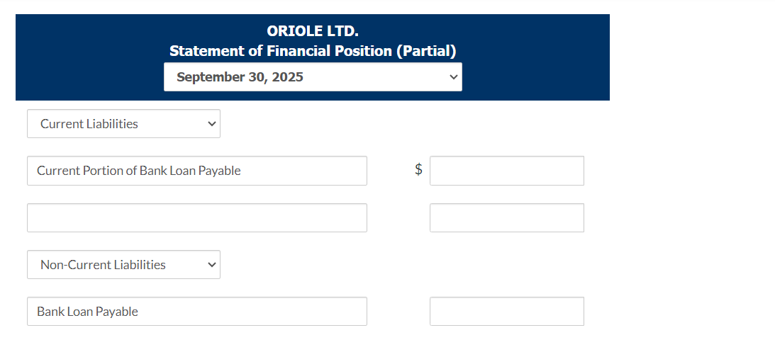  ORIOLE LTD. Statement of Financial Position (Partial) September 30,2025 Current Portion