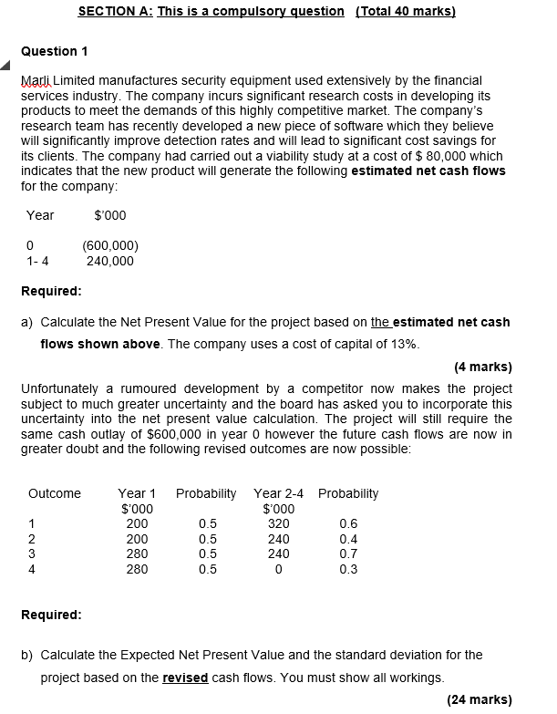  SECTION A: This is a compulsory question (Total 40 marks) Question
