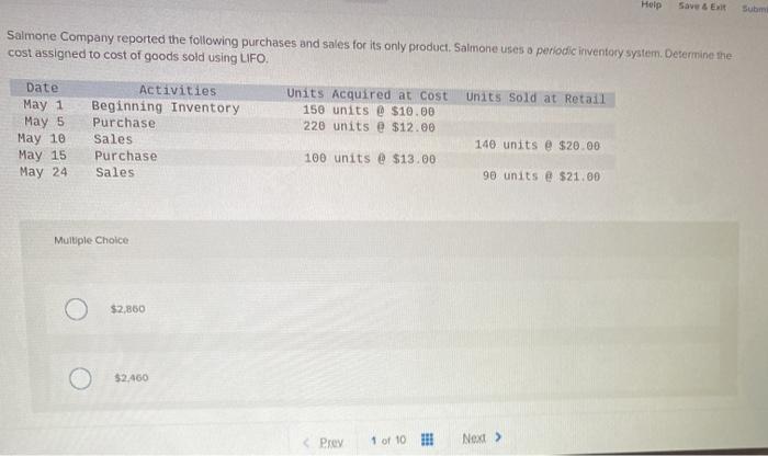  Help Save & E Subm Salmone Company reported the following purchases