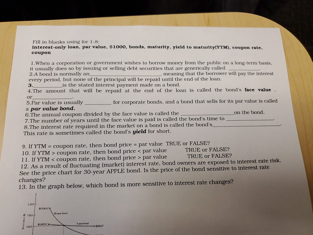 Fill in blanks using for 1-8: interest-only loan, par value, $1000,