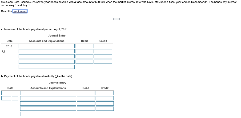 entry. a. Issuance of the bonds payable at par on July 1,