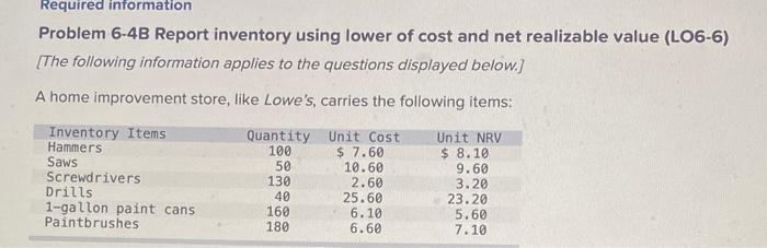  Required information Problem 6-4B Report inventory using lower of cost and