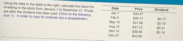  Using the data in the table to the right, calculate the