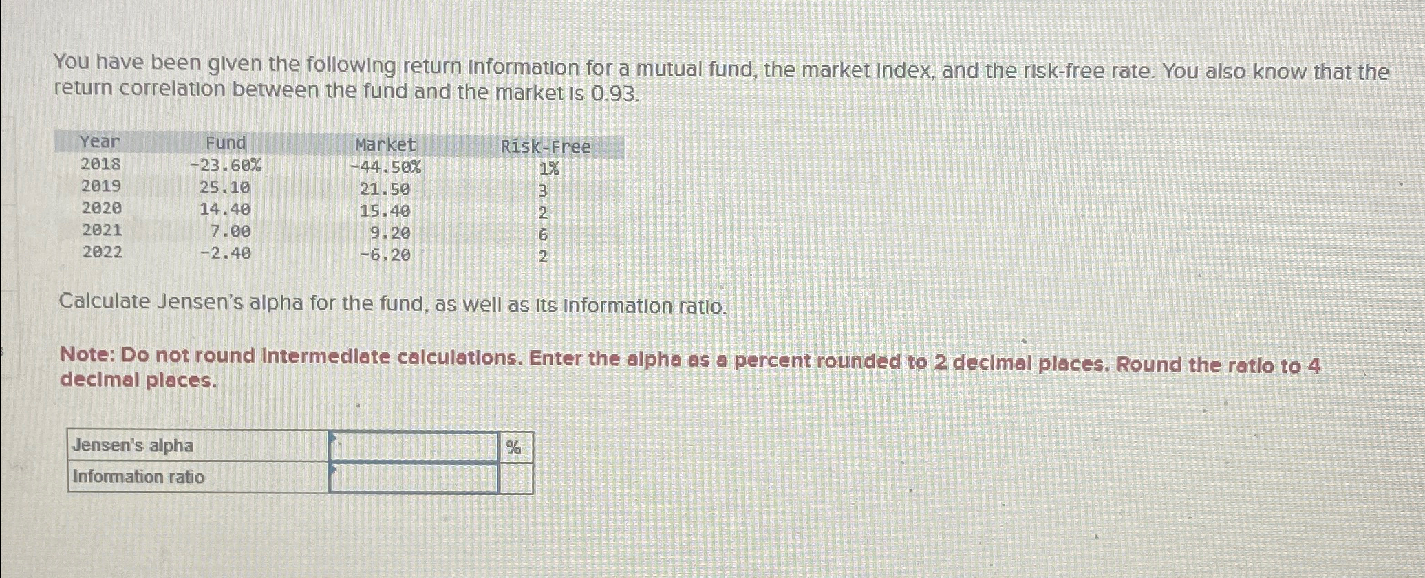  You have been given the following return Information for a mutual