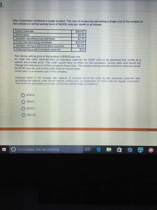 The minimum acceptable price per unit for the special order is closest