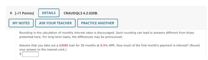  4. [-/1 Points) DETAILS CRAUDQL3 4.2.020B. MY NOTES ASK YOUR TEACHER