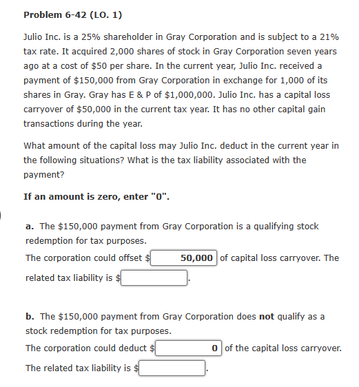  Problem 6-42(LO.1) Julio Inc. is a 25% shareholder in Gray Corporation