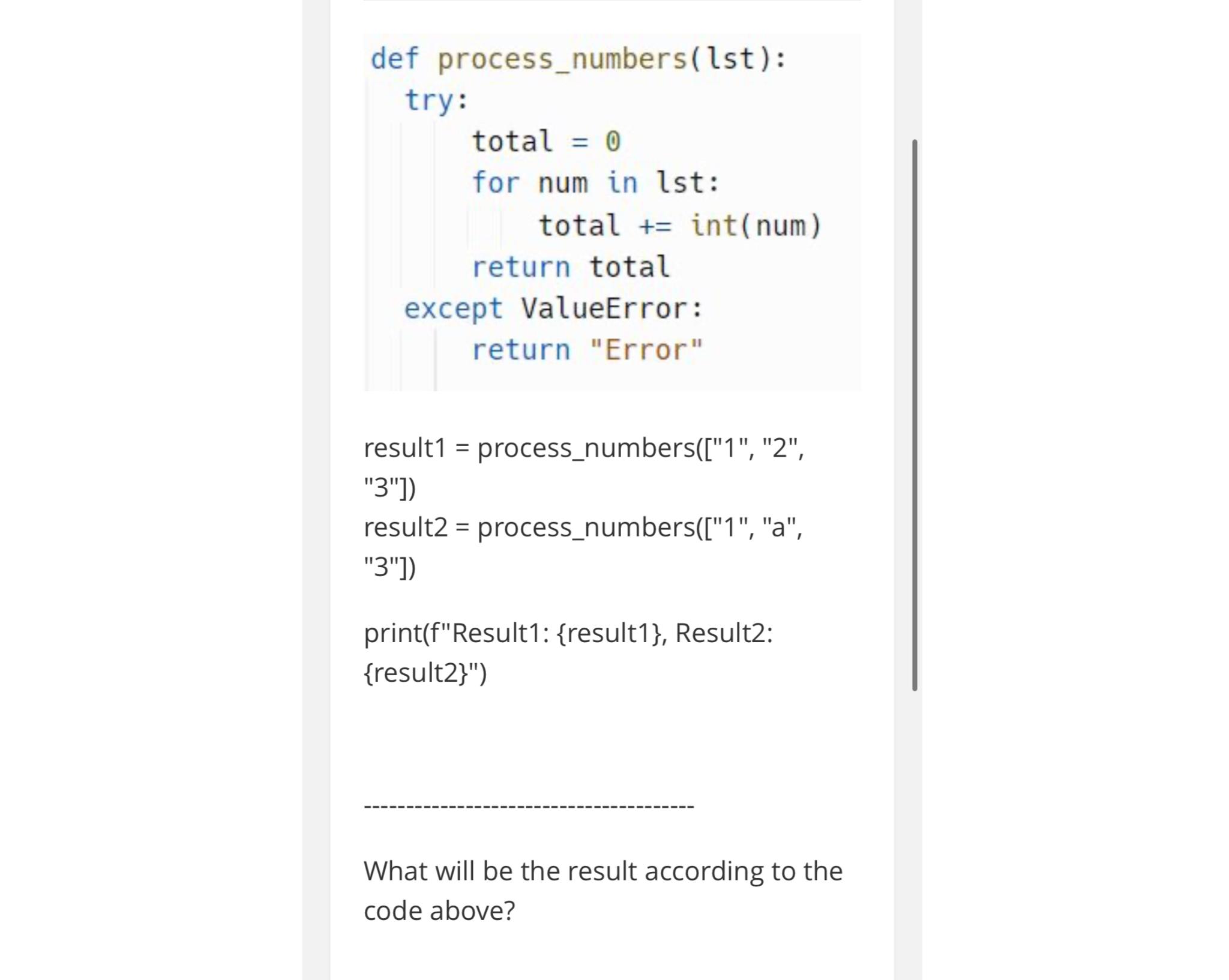  def process_numbers(lst): try: total =0 for num in lst: total +=
